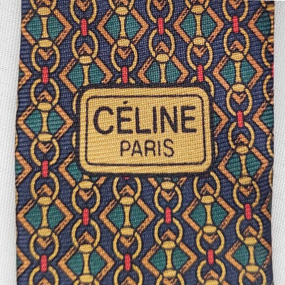 Celine Paris Mens Neck tie Geo Print Chain Link Logo Design Silk Green Red Navy - Picture 7 of 9
